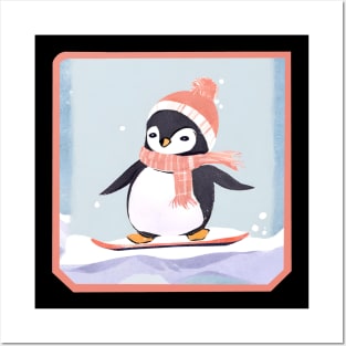 Penguin on snowboard Posters and Art